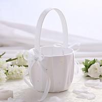 White Satin Wedding Flower Basket with Rhinestone Flower Girl Basket