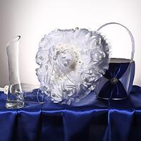 White Satin Roses Lace Wedding Ring Pillow With Ring Box