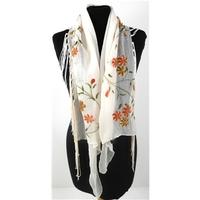 White Soft Crinkled Viscose Scarf With Tassels And Multi-Coloured Floral Detail