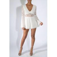 White Flared Sleeve Lace Panel Playsuit