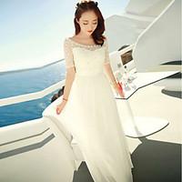 White lace beaded chiffon dress bohemian dress beach long skirt was thin holiday