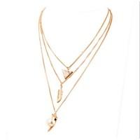 Wholesale Women Necklace European Style Triangle Feather Pearl Layered Chain Necklace