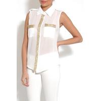 white chiffon top with gold detail