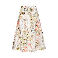 White Stripe Floral & Fauna Print Midi Skirt