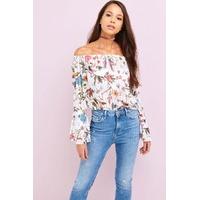 White Floral Print Bardot Top