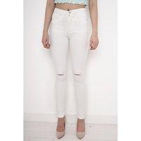 White High Waisted Skinny Jeans with Rip Detail