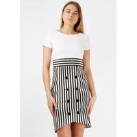 White Black Stripe Double Button Detail Dress