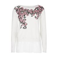 White & Pink Blossom Print Fine Knit Jumper