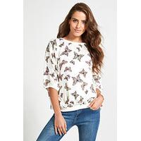 White & Coral Butterfly Print Oversized Blouse