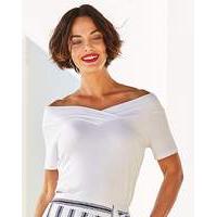 white short sleeve v neck bardot top