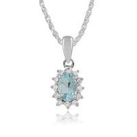 White 9ct Gold Aquamarine & Diamond Cluster Design Pendant on Chain