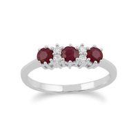 White 9ct Gold 0.58ct Natural Ruby & 6pt Diamond Three Stone Ring