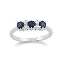 White 9ct Gold 0.54ct Natural Blue Sapphire & 6pt Diamond Three Stone Ring