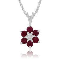 White 9ct Gold 0.59ct Ruby & Diamond Cluster Pendant on Chain