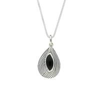 Whitby Jet Necklace Marquise Shape Wave Wood Effect Silver