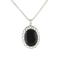 Whitby Jet Necklace Oval Stone and Triangular detailing Silver