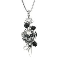 Whitby Jet And Silver Skull With Dagger And 3 Carved Roses