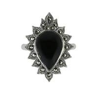 Whitby Jet Ring Tear Drop Marcasite Silver