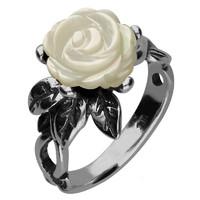 White Mother of Pearl Ring Tuberose Rose 3 Leaf Silver