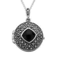 whitby jet silver and marcasite cushion patterned locket