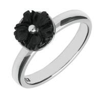 Whitby Jet Ring Carved Flower Silver
