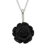Whitby Jet Necklace Carved Flower Silver