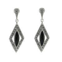 Whitby Jet Earrings Drop Marquise Marcasite Silver