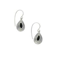 Whitby Jet Earrings Marquise Shape Wave Wood Effect Silver