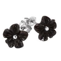 Whitby Jet Earrings Stud Carved Flower Silver