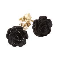 Whitby Jet Earrings Stud Carved Rose Yellow Gold