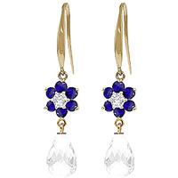 White Topaz, Diamond and Sapphire Daisy Chain Drop Earrings 5.45ctw in 9ct Gold