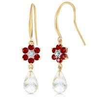 White Topaz, Diamond and Ruby Daisy Chain Drop Earrings 5.45ctw in 9ct Gold