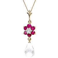 White Topaz, Ruby and Diamond Flower Pendant Necklace 2.75ctw in 9ct Gold