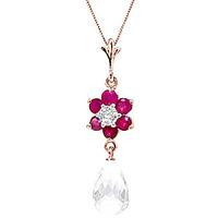 White Topaz, Ruby and Diamond Flower Pendant Necklace 2.75ctw in 9ct Rose Gold