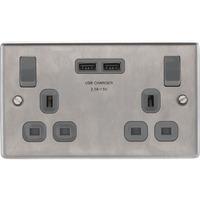 Wilko Double Switched USB Socket Brushed Steel
