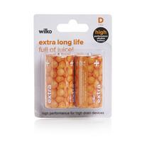 Wilko Extra Life Alkaline Batteries D 1.5V 2pk
