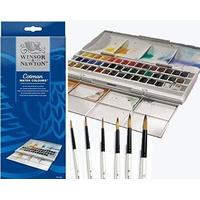 Winsor & Newton Cotman Half Pan Water Colour Studio Set Plus 6 Watercolour Pearl Brushes