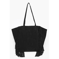 Winged Fringed Suedette Shopper Bag - black