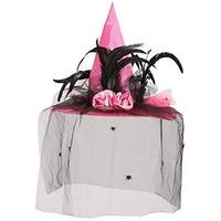 Witch Pink Satin Withspider Veil & Feat Halloween Witch Hats Caps & Headwear