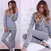 Winter Women\'s Color Block Black / Gray Suits , Sexy / Casual V-Neck Long Sleeve