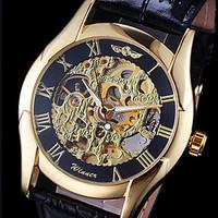 WINNER Men\'s Hollow Gold Skeleton Mechanical Leather Band Wrist Watch Cool Watch Unique Watch Fashion Watch