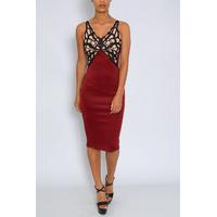 Wine Embroidered Detail Bodycon Dress
