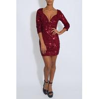 Wine Red Sequin Plunge Dress