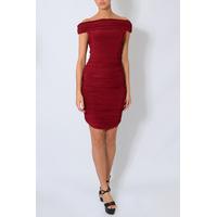 Wine Bardot Ruched Midi Dress