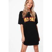 Wild Child Flame Print T-Shirt Dress - black