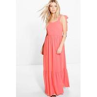 Wide Tie Straps Ruffle Hem Maxi Dress - coral