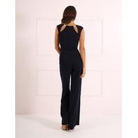 winona navy wide leg jumpsuit with cut out and gold trim detail