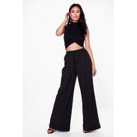 Wide Leg Turn Up Tailored Trousers - black