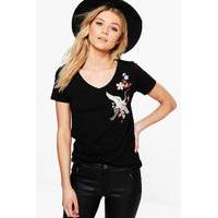 Willow V Neck Embroidered Tee - black