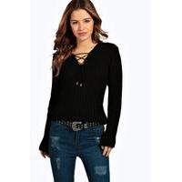 Willow Lace Up Rib Knit Jumper - black